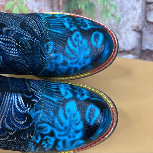 CY Blue Leather and TextilePeacock Feather Lace-Up Cuban Heel Boots, 41/10 - Picture 11 of 13